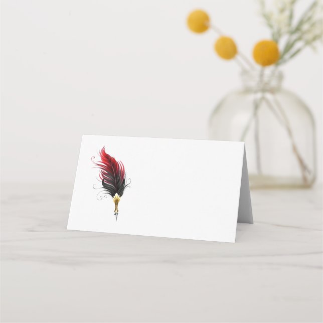 Red feather pen with gold nib place card (Front)