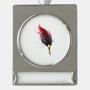 Red feather pen with gold nib silver plated banner ornament