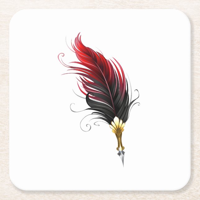Red feather pen with gold nib square paper coaster (Front)