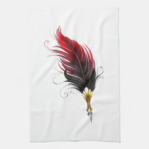 Red feather pen with gold nib tea towel
