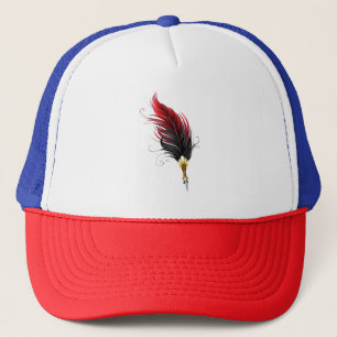 Red feather pen with gold nib trucker hat
