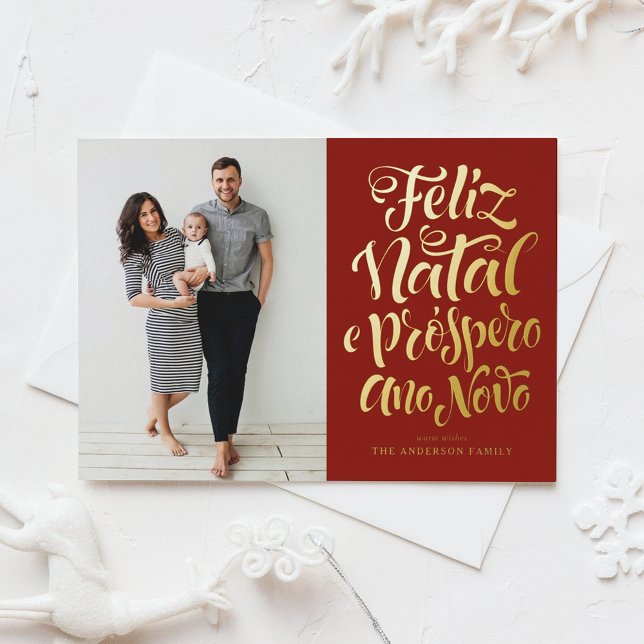 Red Feliz Natal Calligraphy Christmas Photo Foil Holiday Card (Creator Uploaded)