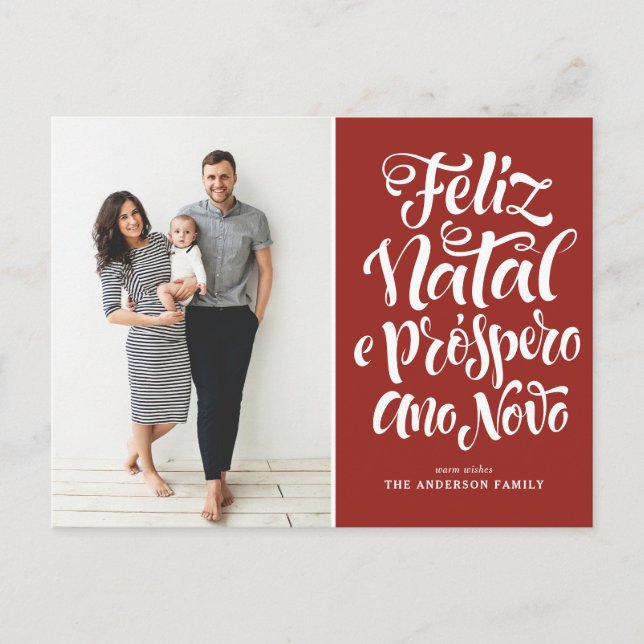 Red Feliz Natal Calligraphy Christmas Photo Holiday Postcard (Front)