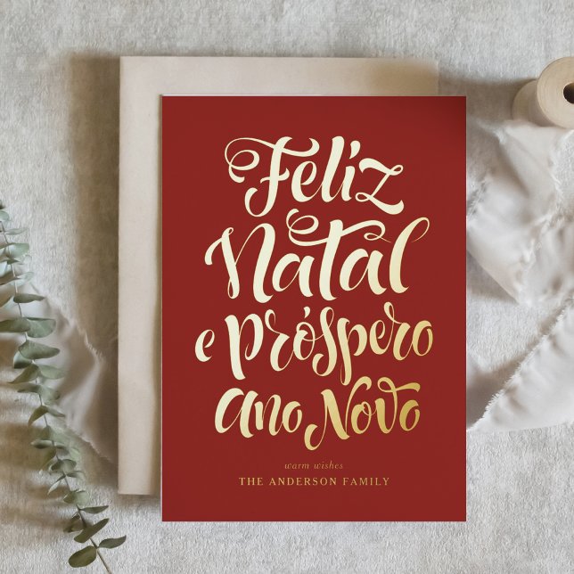 Red Feliz Natal e Próspero Ano Novo Script Foil Holiday Card (Creator Uploaded)