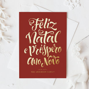Red Feliz Natal e Próspero Ano Novo Script Foil Holiday Card