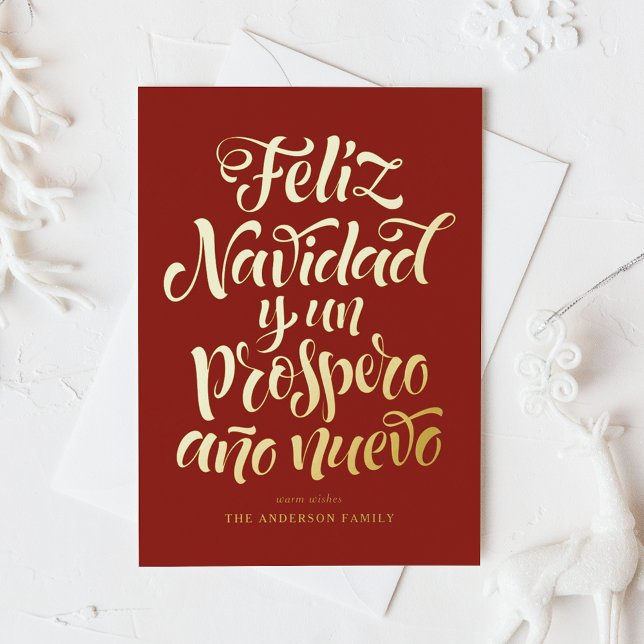 Red Feliz Navidad Calligraphy Christmas Foil Holiday Card (Creator Uploaded)