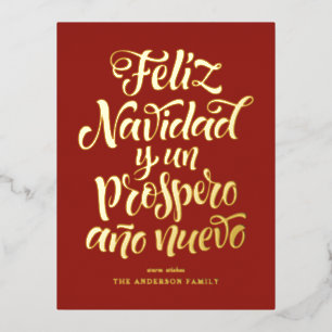 Red Feliz Navidad Modern Calligraphy Foil Holiday Postcard