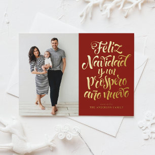 Red Feliz Navidad Script Christmas Photo Foil Holiday Postcard