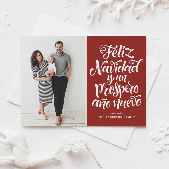 Red Feliz Navidad Script Christmas Photo Holiday Card (Creator Uploaded)