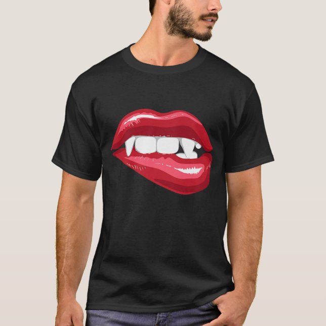 Red Female Lips Shirt Cool Halloween Vampire Fangs (Front)