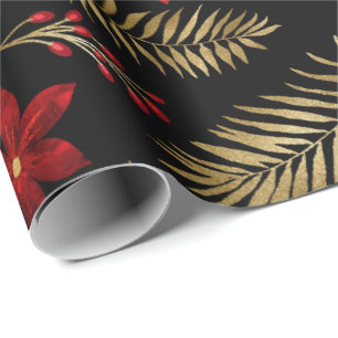 Red Fern Bunch  Foil Floral Glitter Gold Black Wrapping Paper