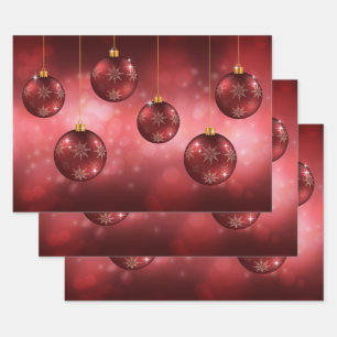 Red Festive Christmas Baubles On Red Bokeh Wrapping Paper Sheet