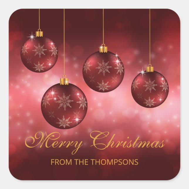 Red Festive Christmas Baubles With Custom Text Square Sticker (Front)