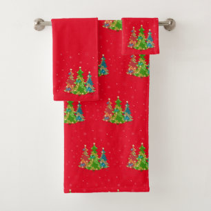 Red Festive Christmas Happy Holidays   Bath Towel Set