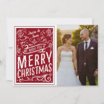 Red Festive Christmas Typography Photo Card LOVE<br><div class="desc">Wish family and friends a "Merry Christmas" with this unique card with typography design and personalised name on the front with your message on the back. Great for newly weds and vacation holiday cards. You can choose any colour background you like. The eyedropper tool gives you even more swatches, and...</div>