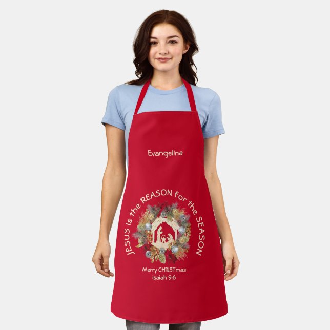 Red Festive JESUS IS THE REASON Christmas Apron (Worn)