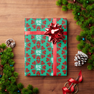 Red Festive Jingle Bells on Green Wrapping Paper