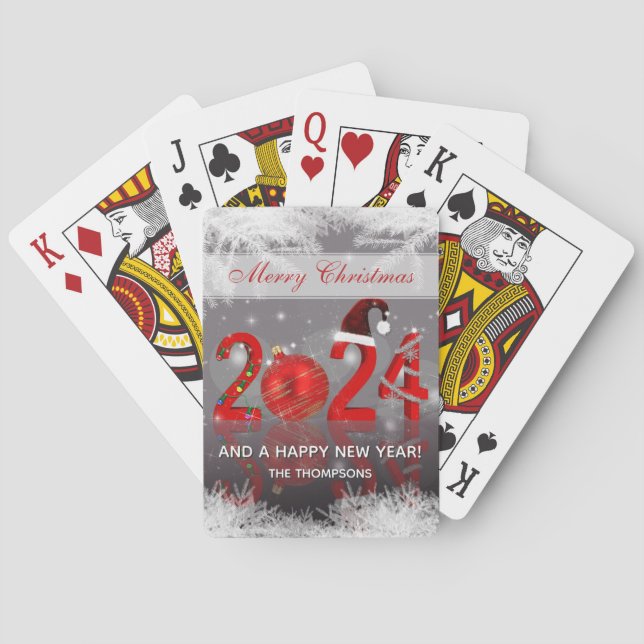 Red Festive Merry Christmas New Year 2024 Playing Cards (Back)