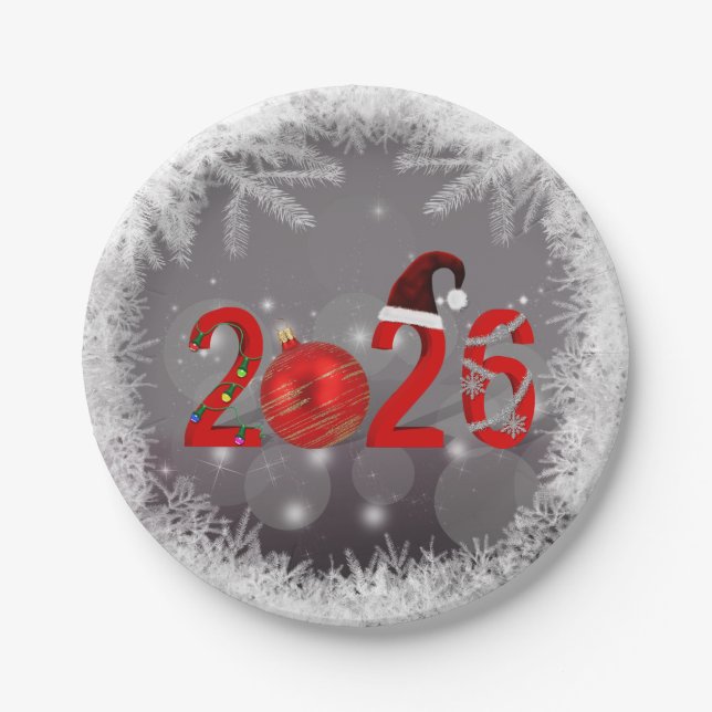 Red Festive Merry Christmas New Year 2026 Paper Plate (Front)