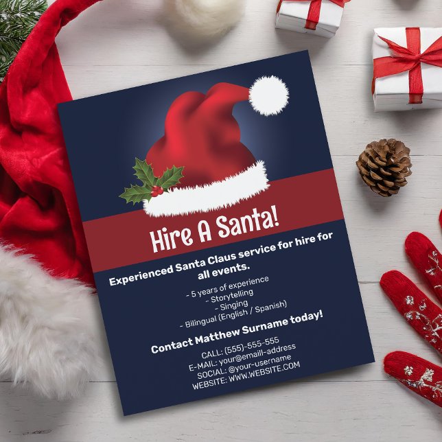 Red Festive Santa Hat On Blue - Hire A Santa Flyer (Creator Uploaded)