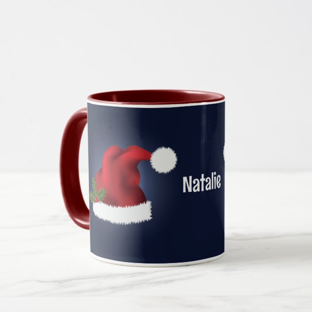 Red Festive Santa Hat On Blue With Custom Name Mug (Front Left)
