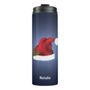 Red Festive Santa Hat On Blue With Custom Name Thermal Tumbler