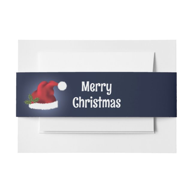 Red Festive Santa Hat On Blue With Custom Text Invitation Belly Band (Front Example)