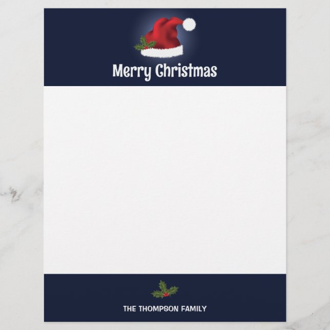 Red Festive Santa Hat On Blue With Custom Text Letterhead (Front)
