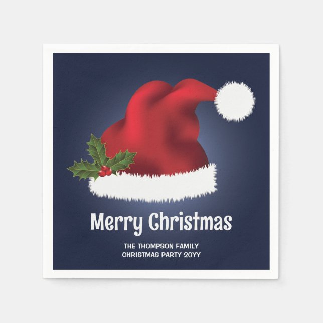 Red Festive Santa Hat On Blue With Custom Text Napkin (Front)