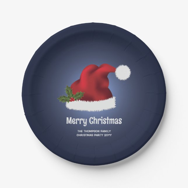 Red Festive Santa Hat On Blue With Custom Text Paper Plate (Front)