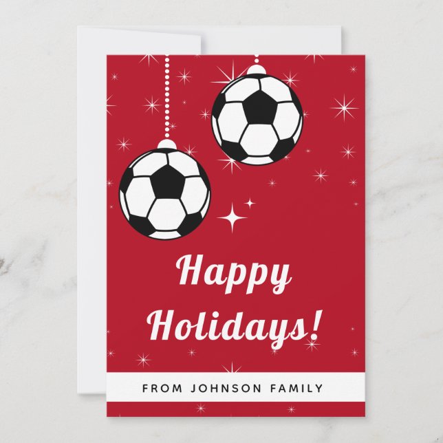 Red Festive Soccer Ball Ornament Hanging Sports  Holiday Card (Front)