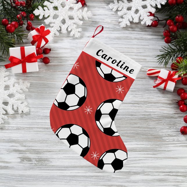 Red Festive Soccer Ball & Snowflake Kids Name Xmas Small Christmas Stocking (Creator Uploaded)