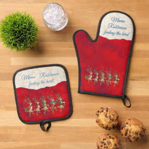 Red Festive Whimsical Reindeer Oven Mitt & Pot Holder Set