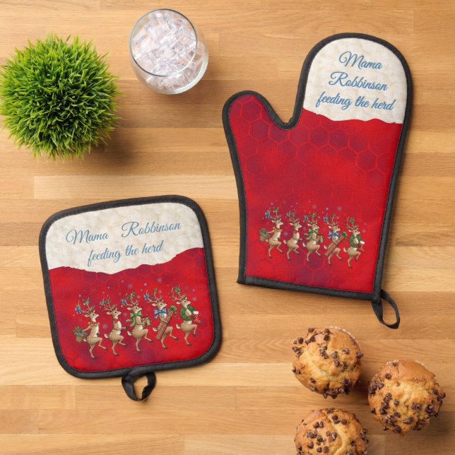 Red Festive Whimsical Reindeer  Oven Mitt & Pot Holder Set (Top Down)