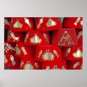 Red Fez Hats At Market Poster