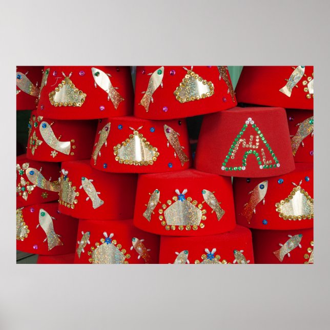 Red Fez Hats At Market Poster (Front)