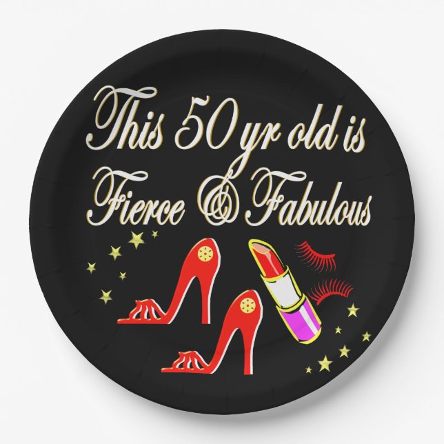 RED FIERCE AND FABULOUS 50TH BIRTHDAY PAPER PLATE (Front)