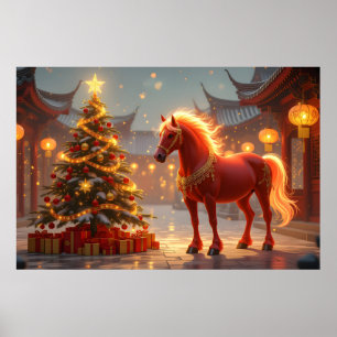 Red Fiery Horse, Christmas Tree & Chinese Lanterns Poster