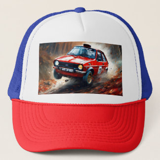 Red Fiesta Rally Car: Racing Through Wooded Stage Trucker Hat