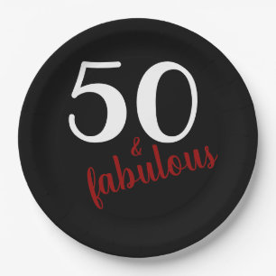 Red Fifty and Fabulous Black Birthday Party Paper Plate