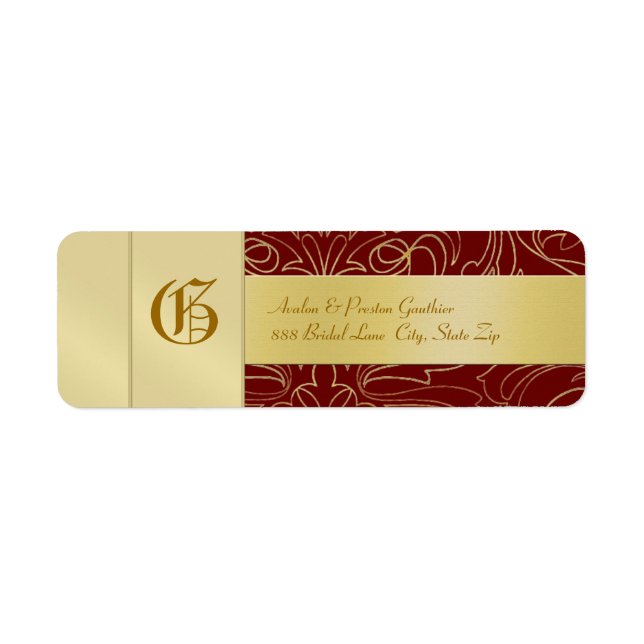 Red Filigree Gold Monogram Wedding Address Label (Front)
