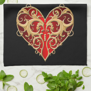 Red Filigree Heart Kitchen Towel