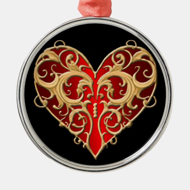 Red Filigree Heart Round Ornament (Front)