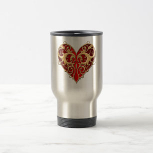 Red Filigree Heart Travel Mug