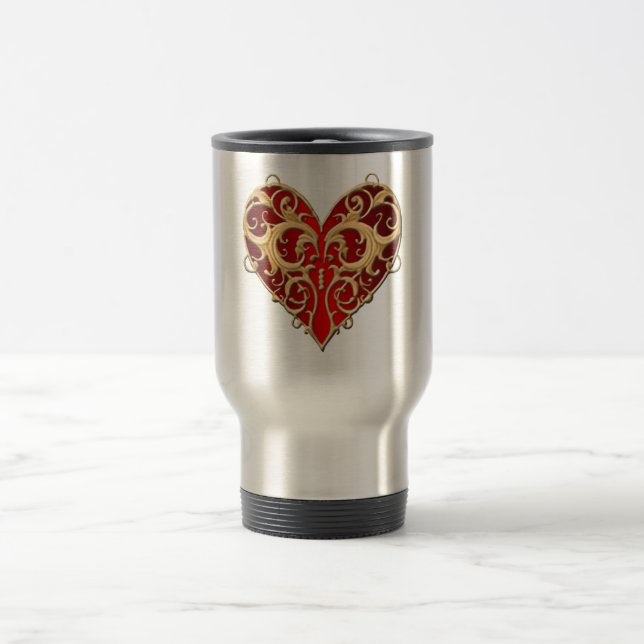 Red Filigree Heart Travel Mug (Center)