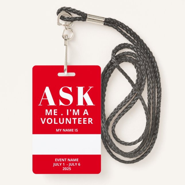 Red Fill In Name Volunteer Badge ID Badge (Front with Lanyard)