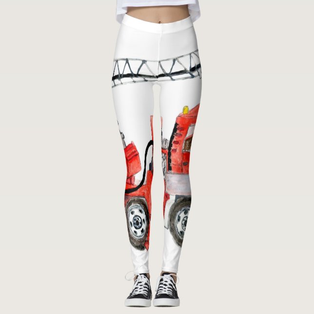 Red fire engine, fire truck illustration leggings (Front)