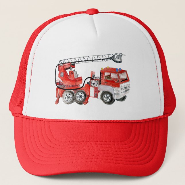 Red fire engine, fire truck illustration trucker hat (Front)