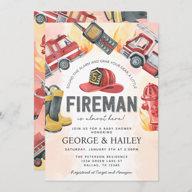 Red Fire Engine Truck Baby Shower Invitation (Front/Back)