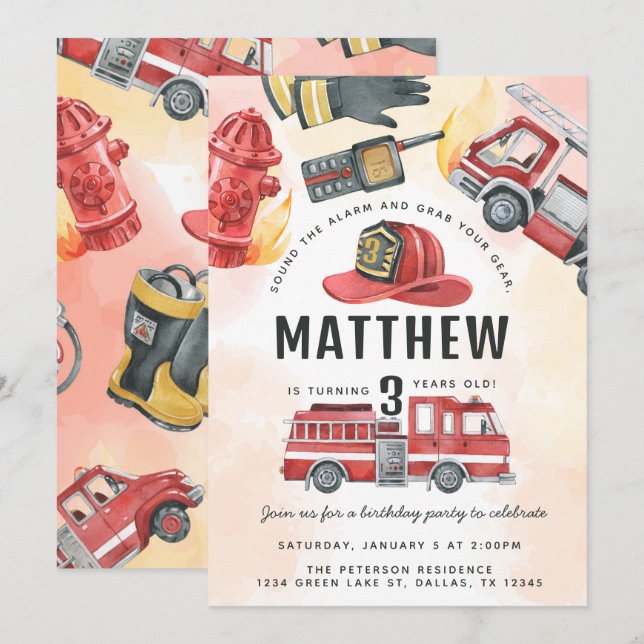 Red Fire Engine Truck Birthday Party Invitation (Front/Back)